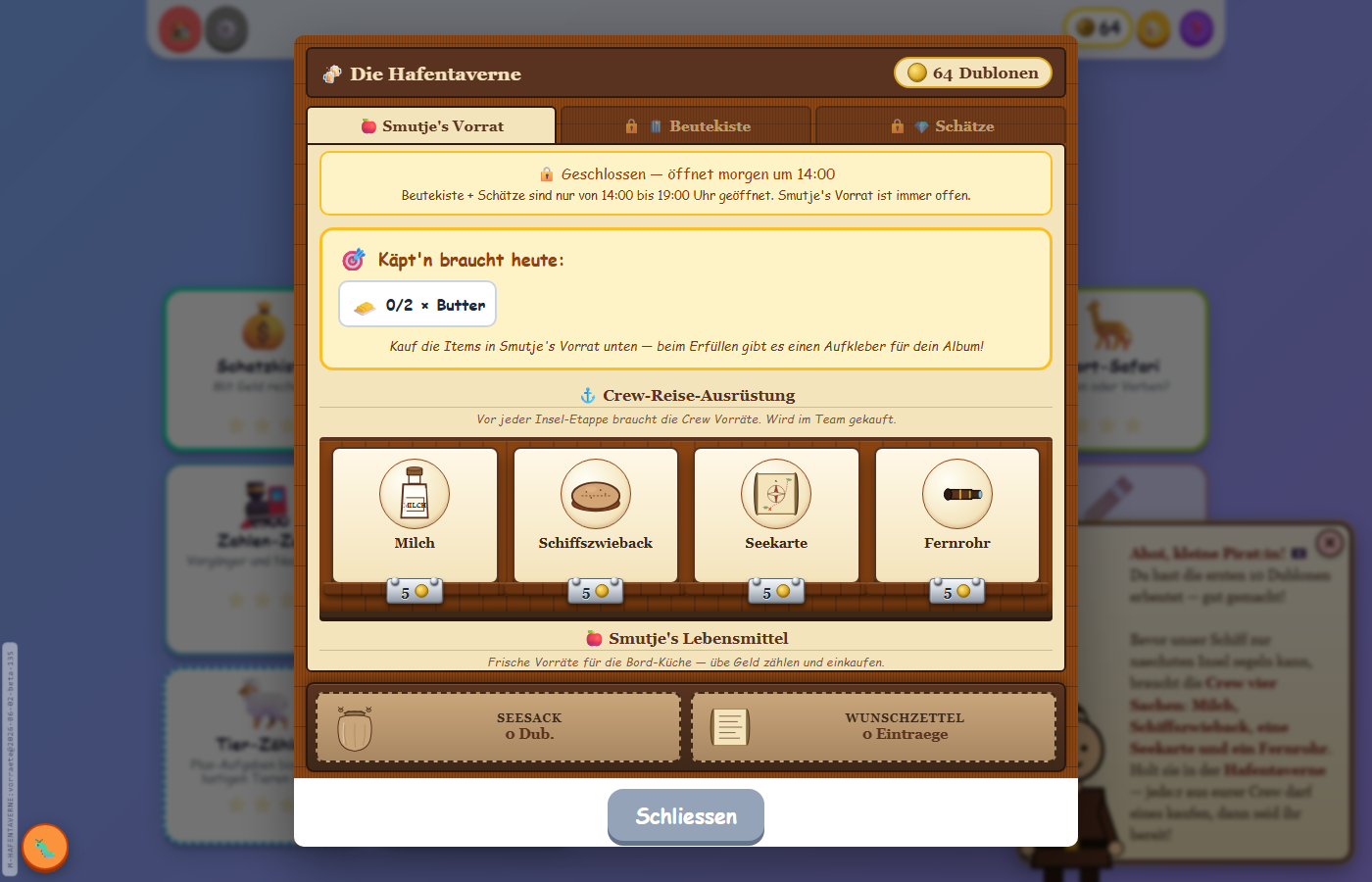 Hafentaverne mit Items und Seesack