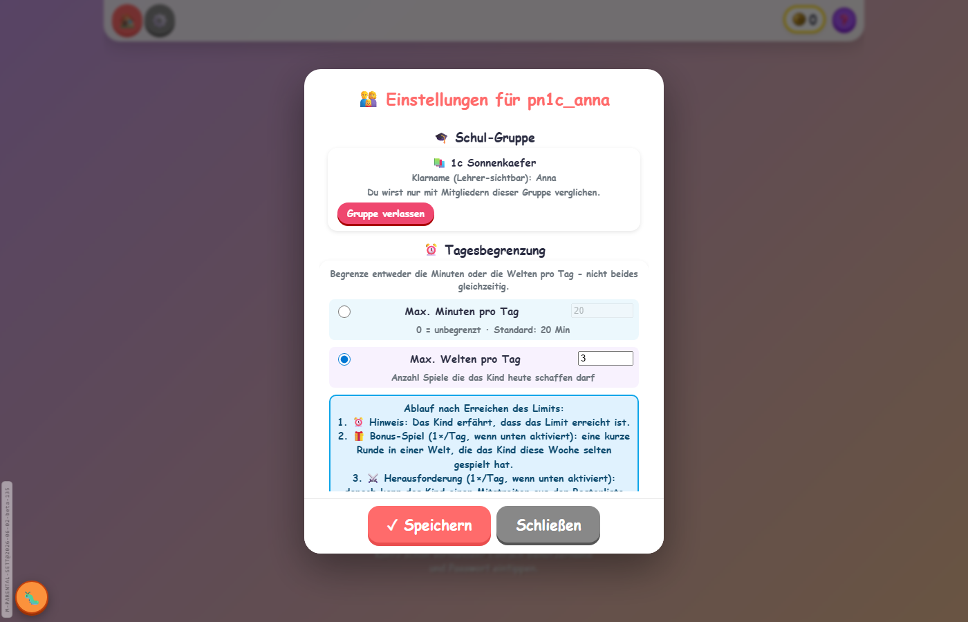 Eltern-Portal mit Account-Freischaltung, Tageslimit und Lernreport