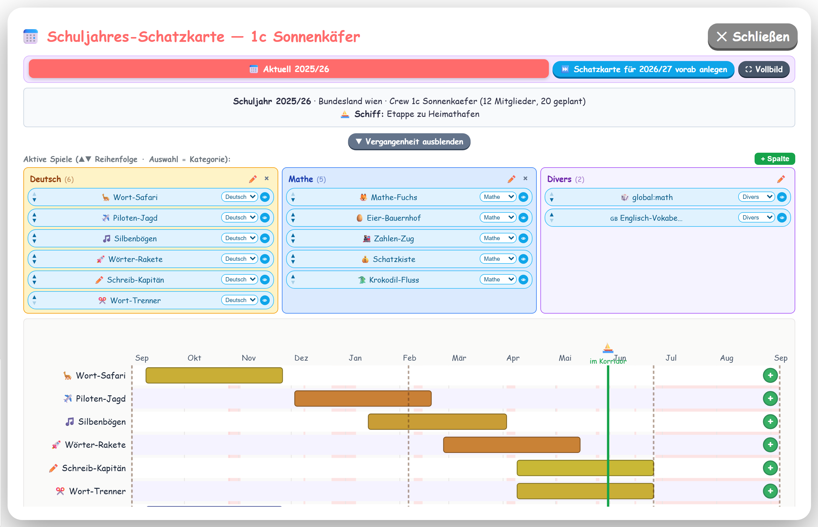 Lehrer-Ansicht: Schuljahres-Planung mit Gantt-Korridor